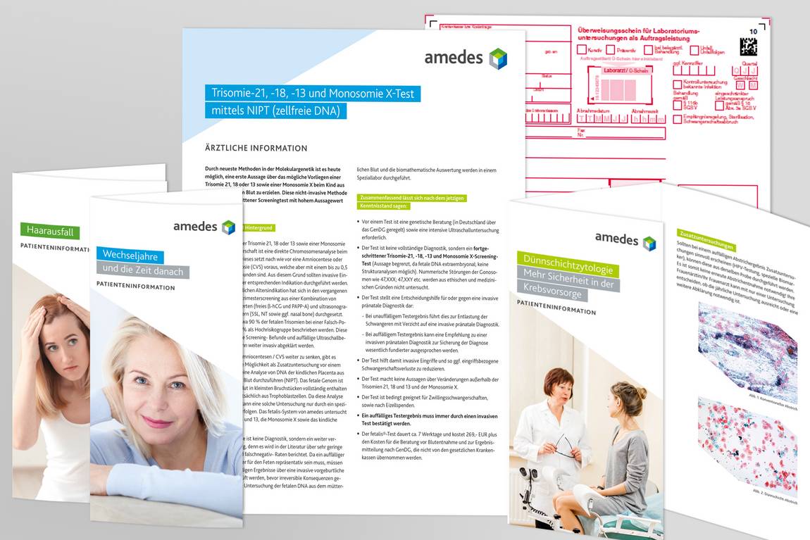 Eine Sammlung medizinischer Informationsbroschüren und Dokumente von amedes mit Abbildungen von Menschen, Laborformularen und gesundheitsbezogenen Themen in deutscher Sprache, darunter Haarausfall, Wechseljahre und Diagnostik.